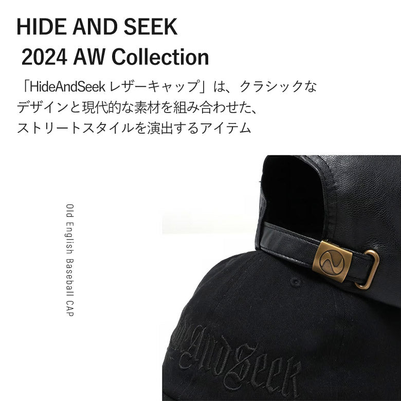 HIDE AND SEEK / Old English Baseball CAP(24aw) ハイドアンドシーク オールドイングリッシュベースボールキャップ レザー ブラック